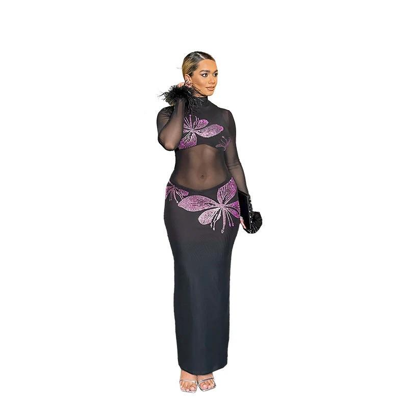Butterfly Rhinestone Long Sleeve Dress