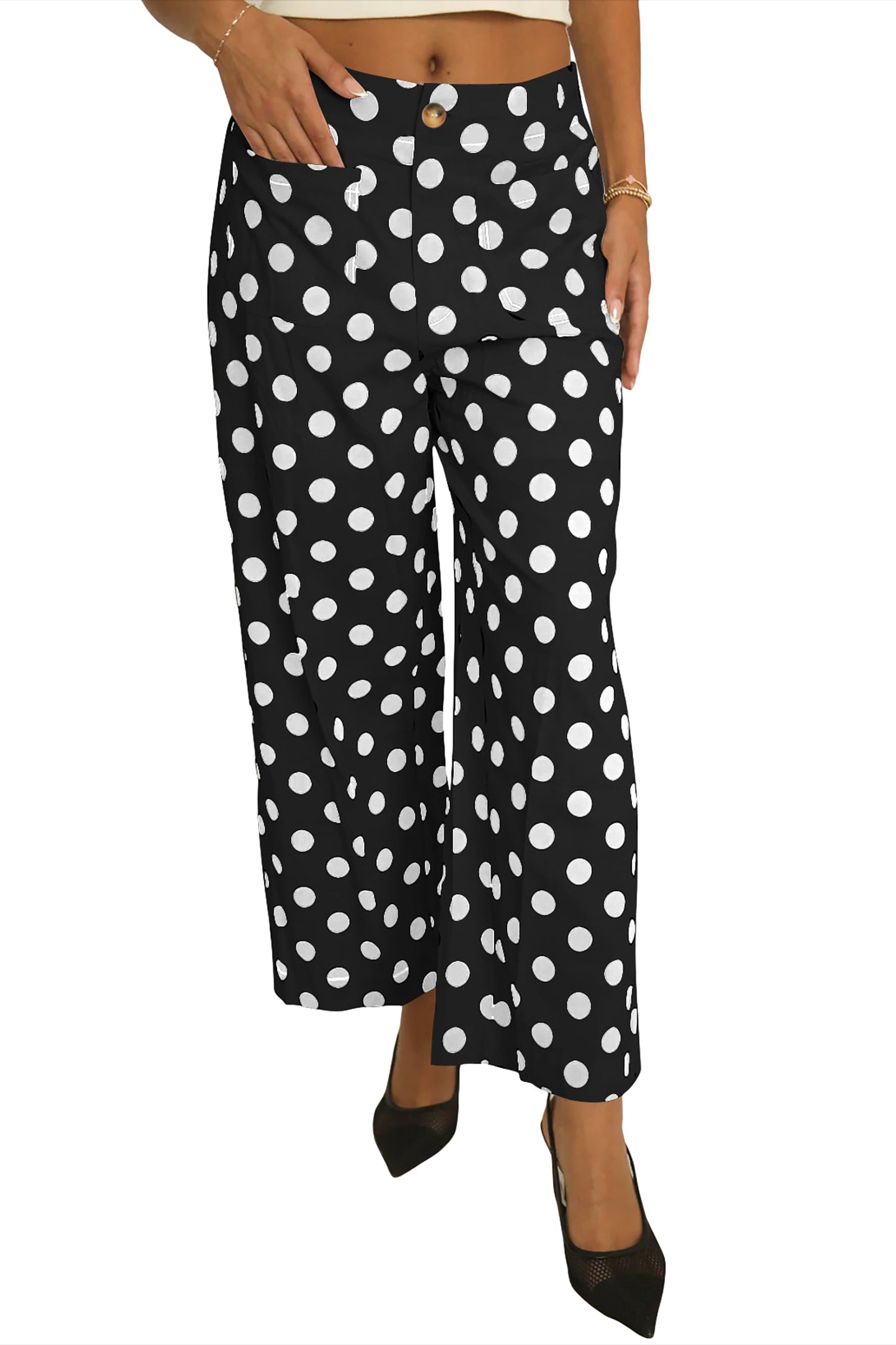 Pantalones Anchos con Bolsillos de Lunares Blancos