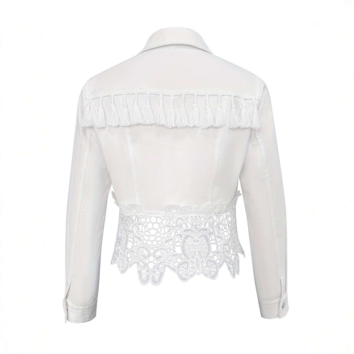 Womens Lapel Hem Hollow-Out Patchwork Tassel Coat