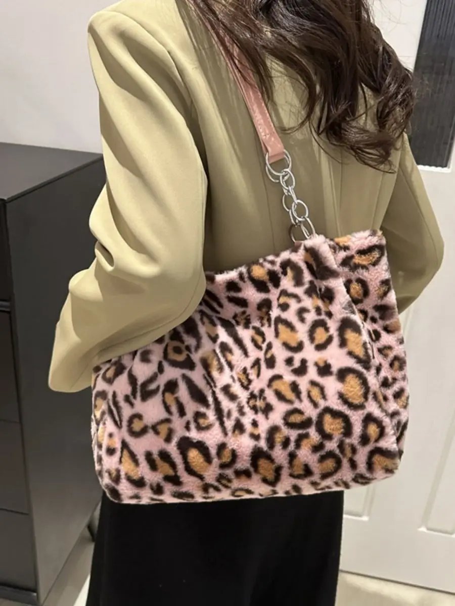 Accessories Trendsi Leopard Print Faux Fur Shoulder Bag Women's Trendy Purse Soft, Lightweight