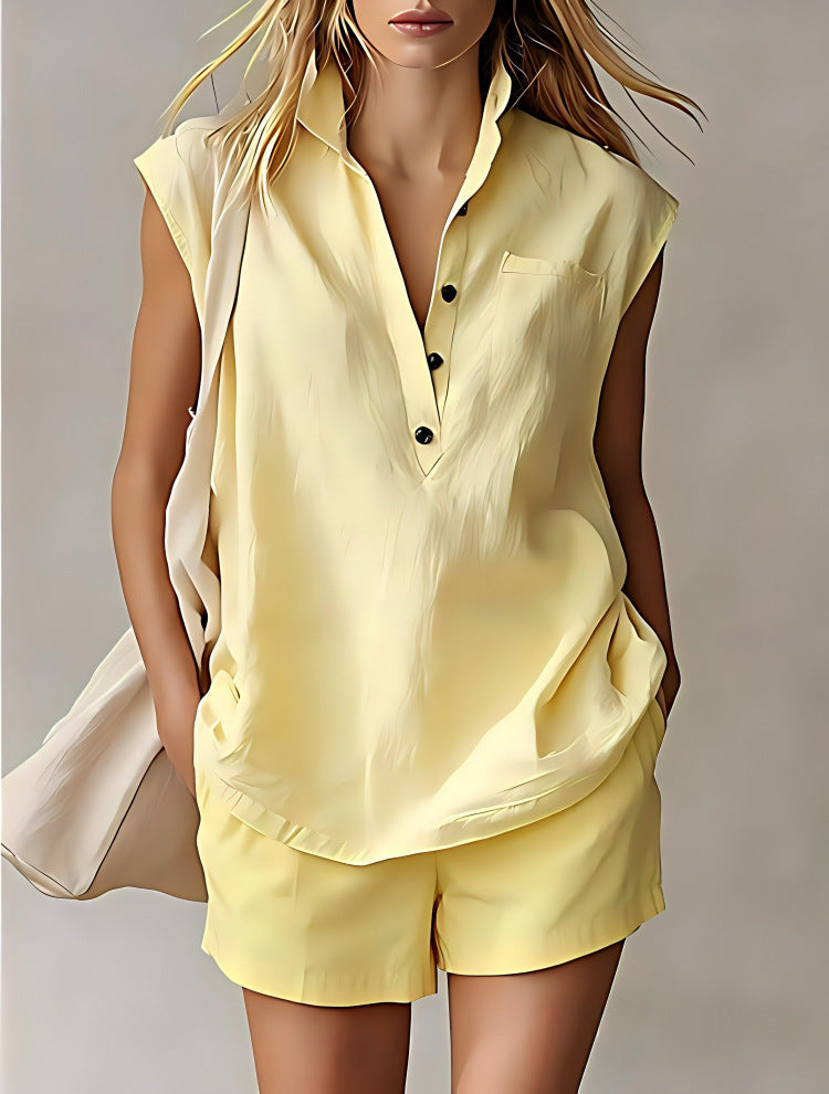 Women's Casual Sleeveless Cardigan Top & Shorts Set | Two-Piece Summer Outfit