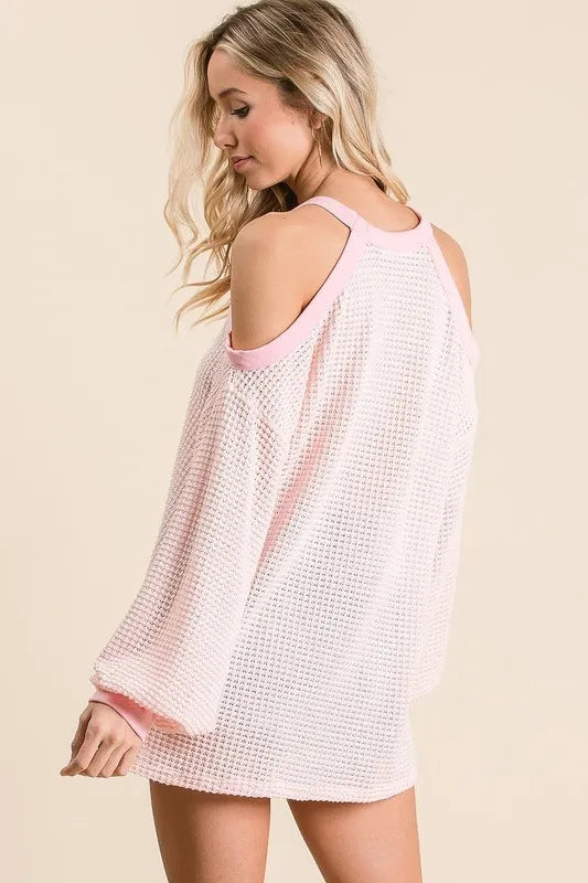 BiBi Popcorn Waffle Top with Cold Shoulder Detail See size chart under “more details”