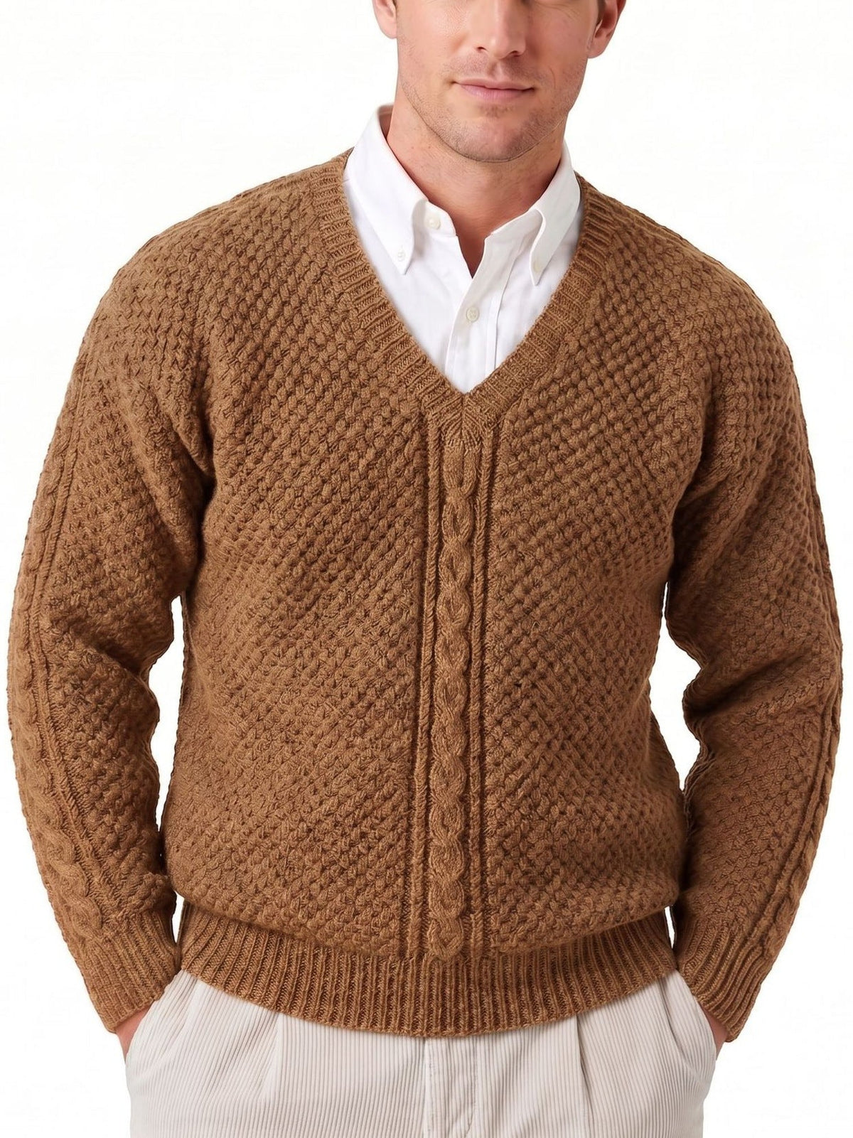 Mens V-neck Cable-Knit Solid-Color Sweater