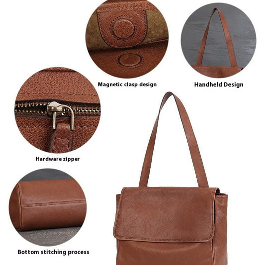 Solid Color Cowhide Tote Bag Simple Commute Shoulder Messenger Bag For Women