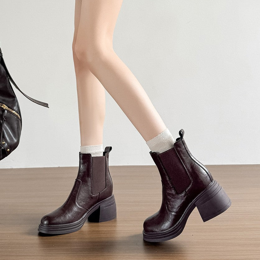 Retro Chunky-sole High-heeled Ankle Boots For Petite Women