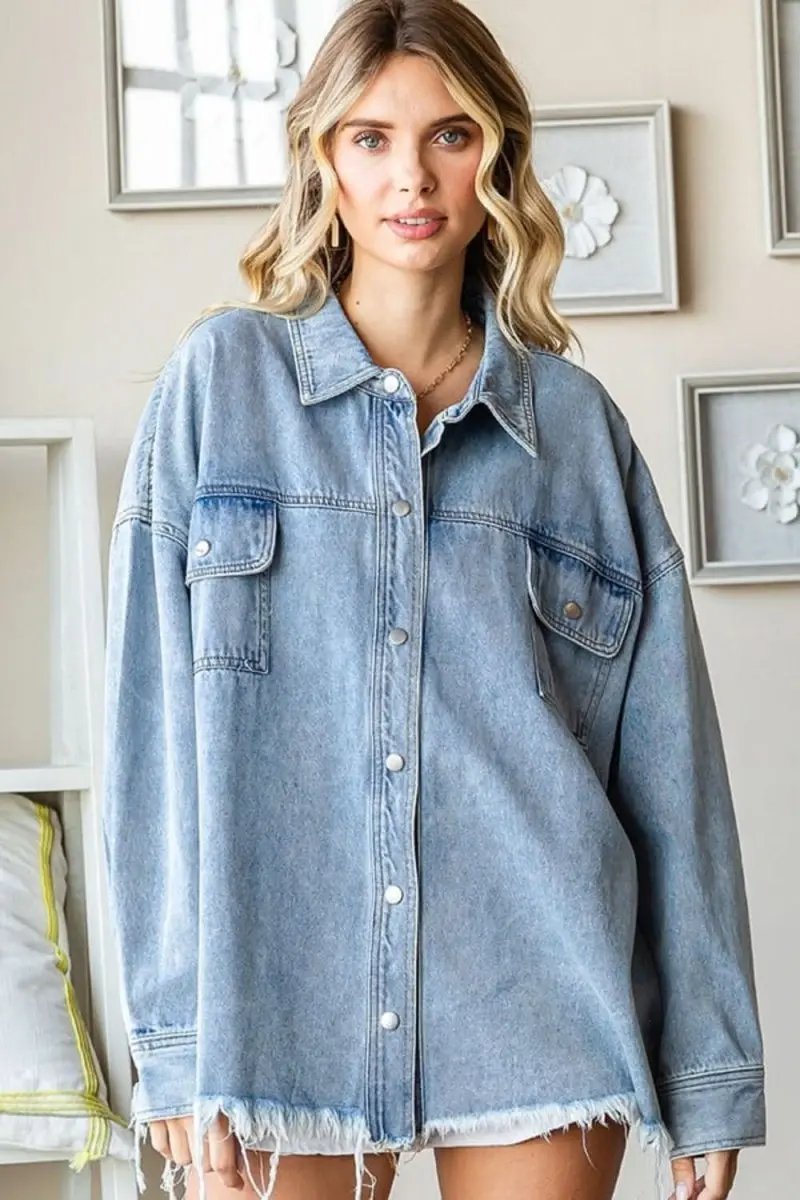 Trendsi Denim Jacket Women's Raw Hem — Casual Outerwear