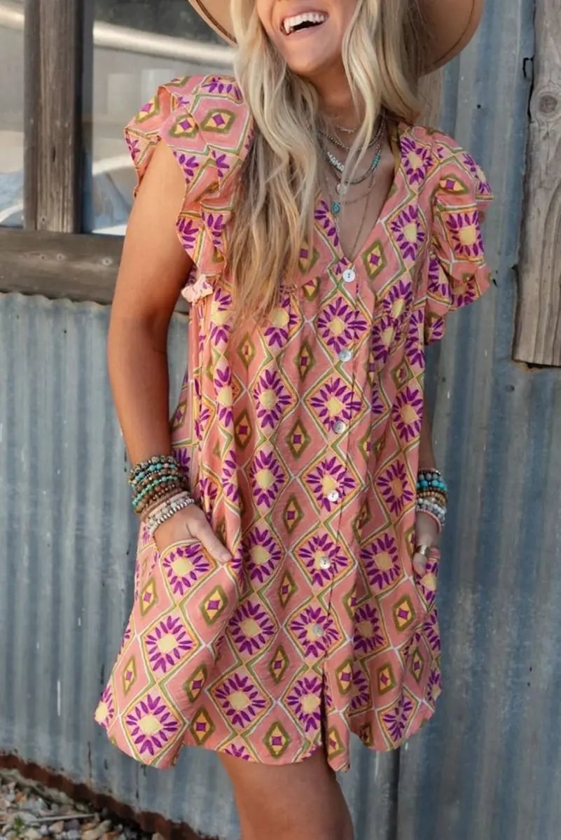 Dresses Love Salve Orange Floral Mini Dress Women's Summer Bohemian Ruffle Sleeve Dress - Flirty & Cute