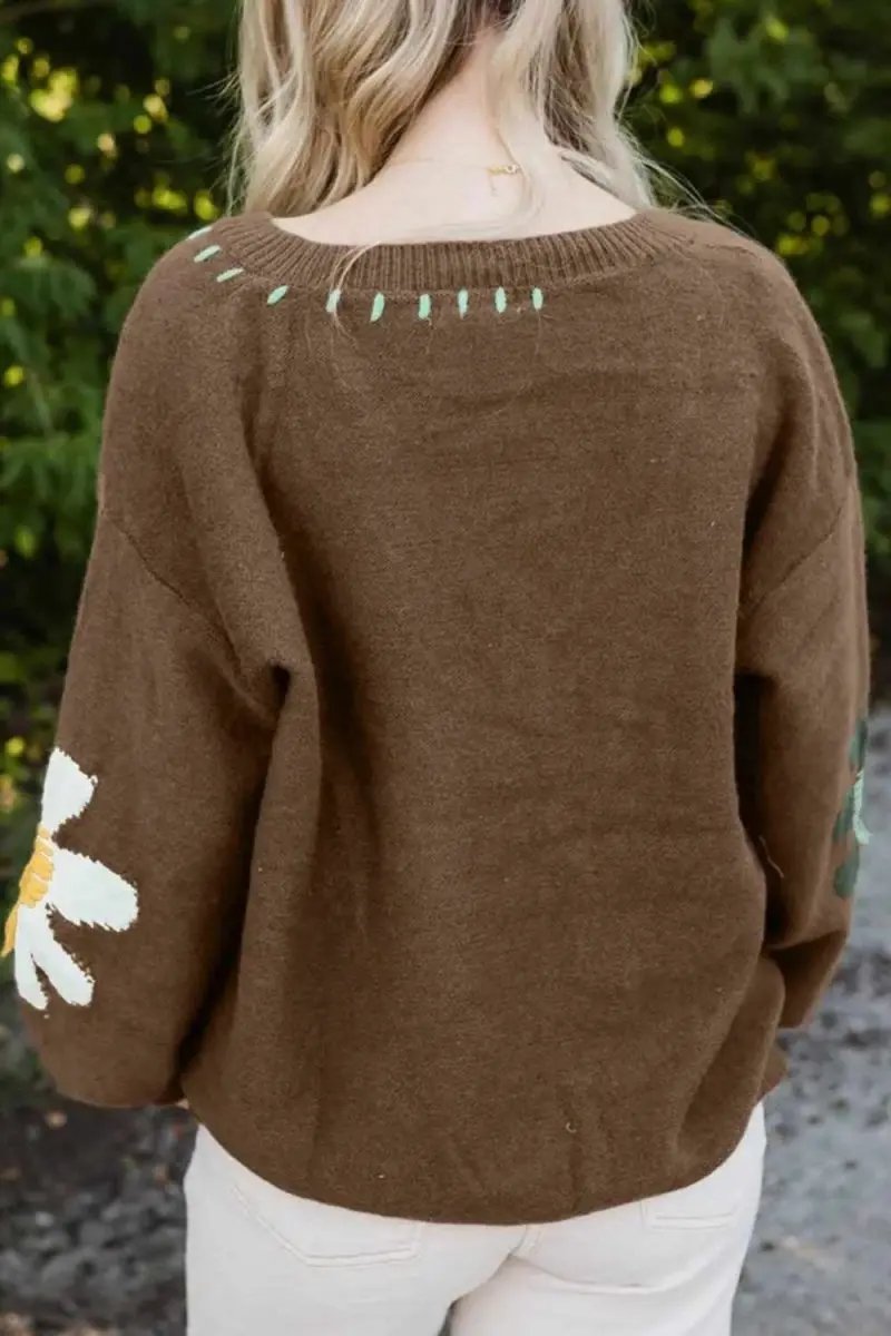 Women's V-Neck Knit Sweater Flower V-Neck Sweater - Comfortable Fit - Fall Fashion Knit Top