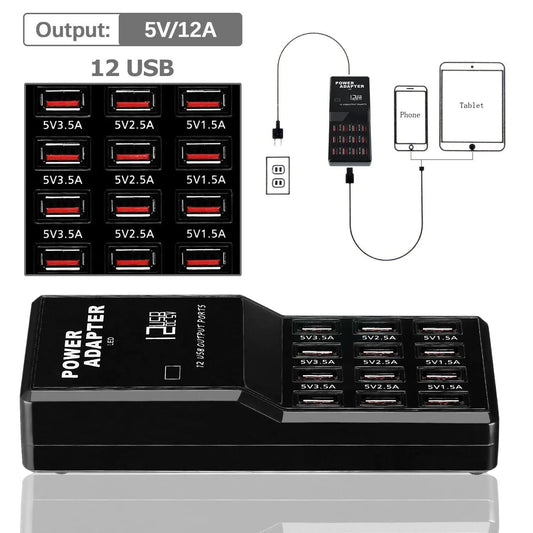 Concentrador de estación de carga USB de 12 puertos múltiple, organizador de cargador de teléfono celular de pared de escritorio