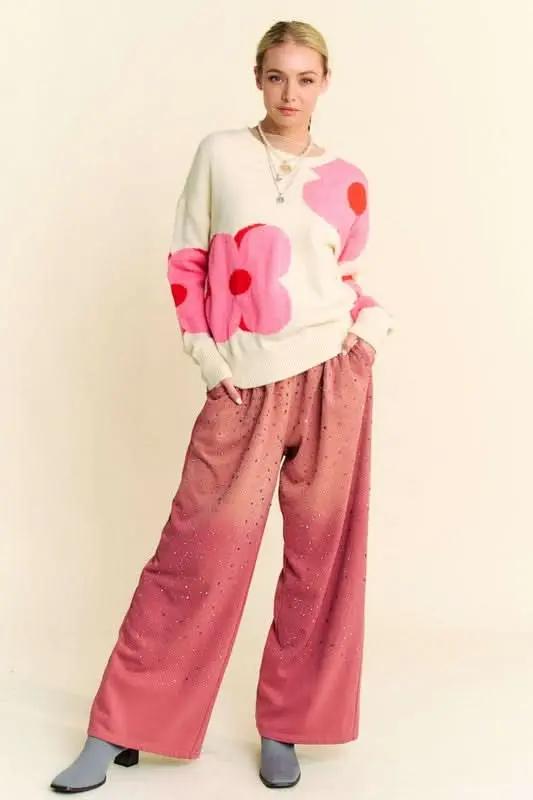 Trendsi Rhinestone Wide Leg Pants Women's Party/Club Trousers Adjustable Drawstring