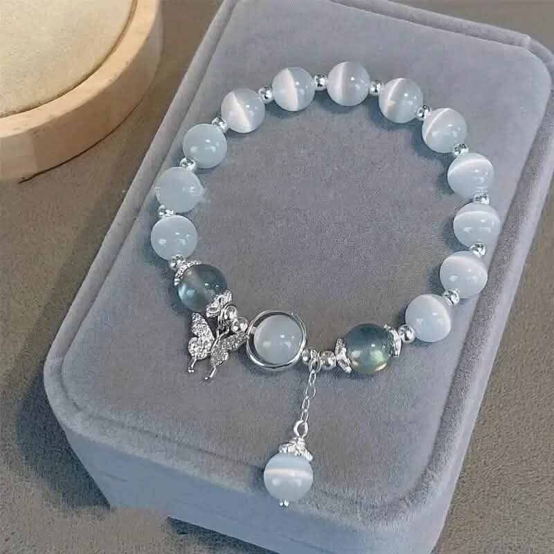 Glass Cat Eye Stone Beaded Bracelet with Butterfly Charm