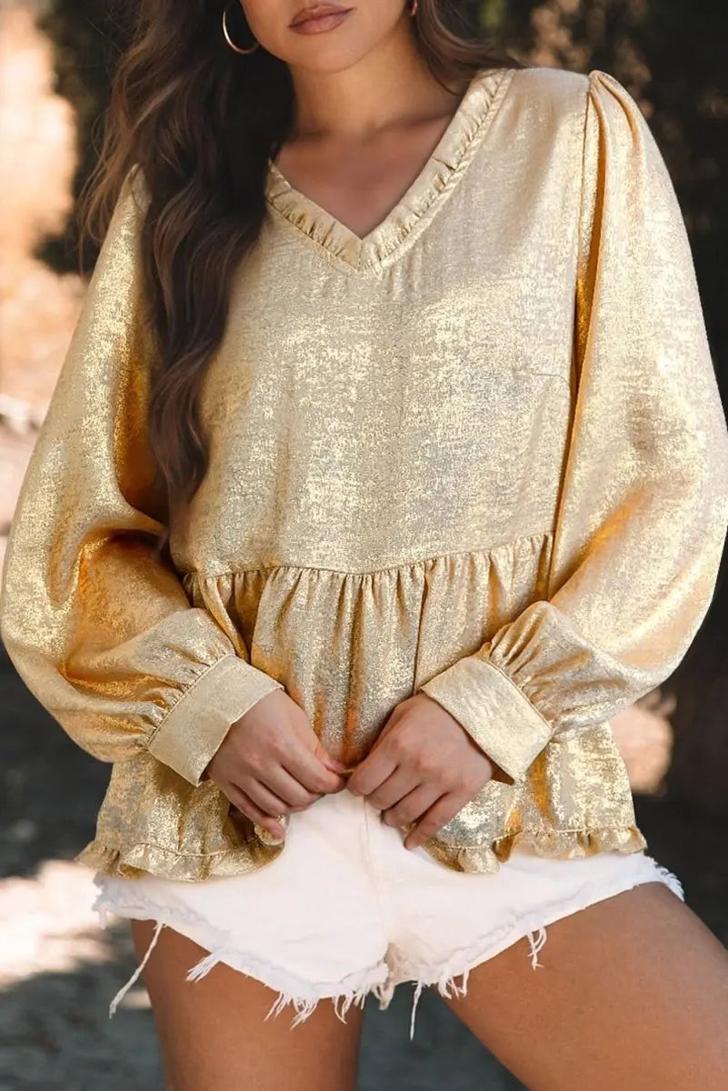 Love Salve Gold Metallic Babydoll Blouse — Puff Sleeve V Neck Top