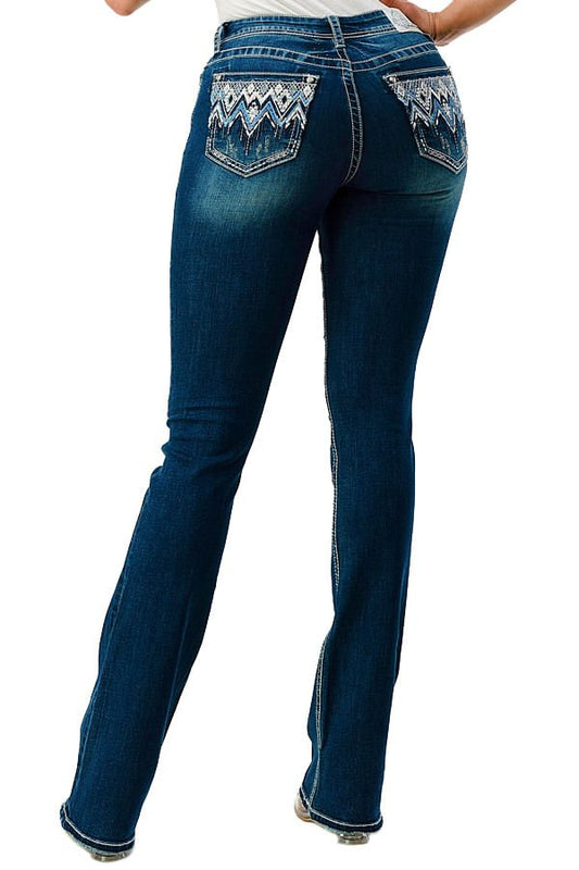 Jeans de mujer Grace in LA estilo Western con bordado azteca y tiro medio, corte bootcut