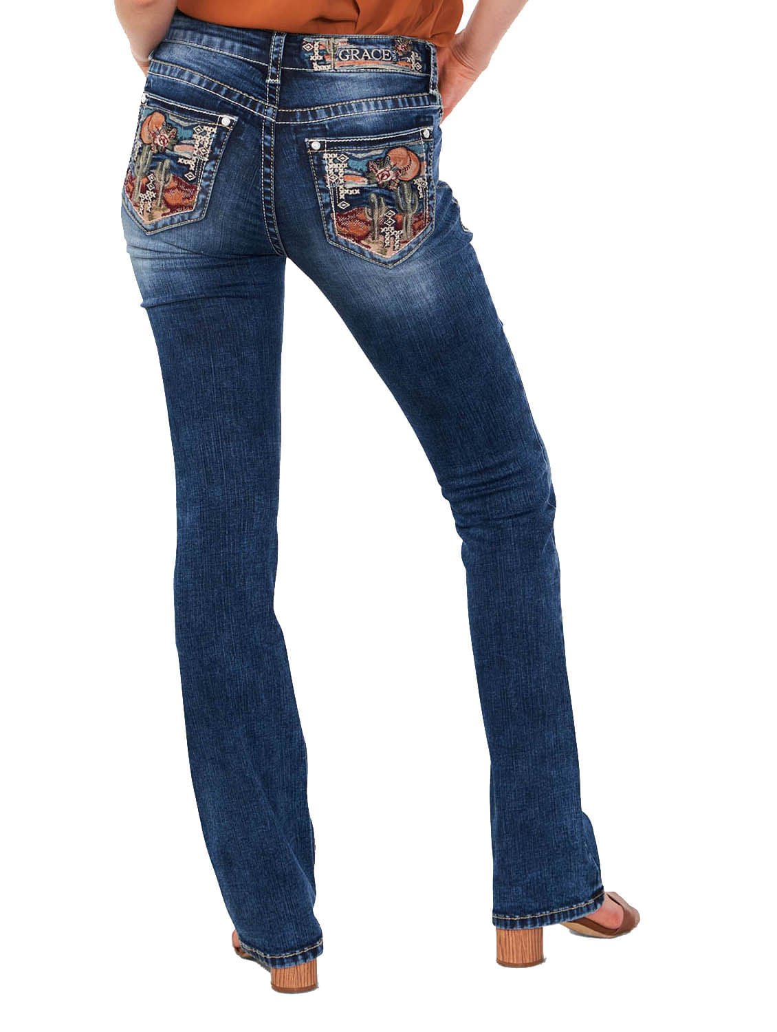 Jeans de corte de bota de tiro medio bordados con escena de cactus Western de Grace in LA para mujer
