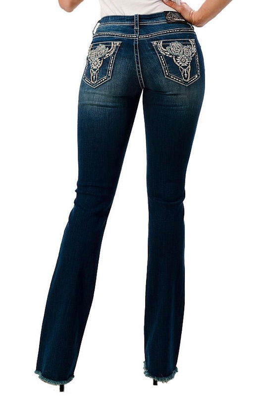 Grace in LA Vaqueros de mujer acampanados de tiro medio con cabeza de buey floral estilo western