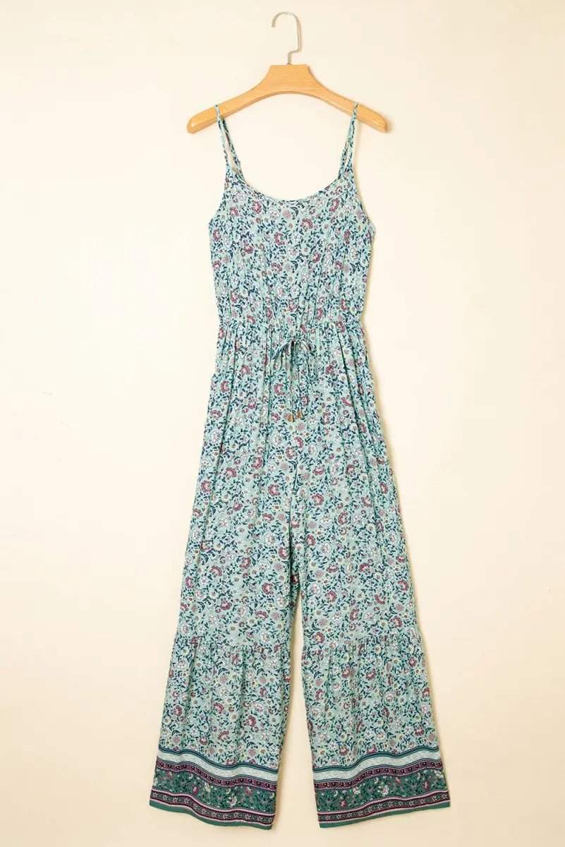 Bottoms/Jumpsuits & Rompers Love Salve Green Floral Jumpsuit Women's Vacation Bohemian Wide Leg Summer Romper