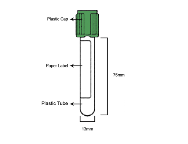 Tubo de Heparina de Litio, Tapa Verde, 13x75mm, 4ml, PET