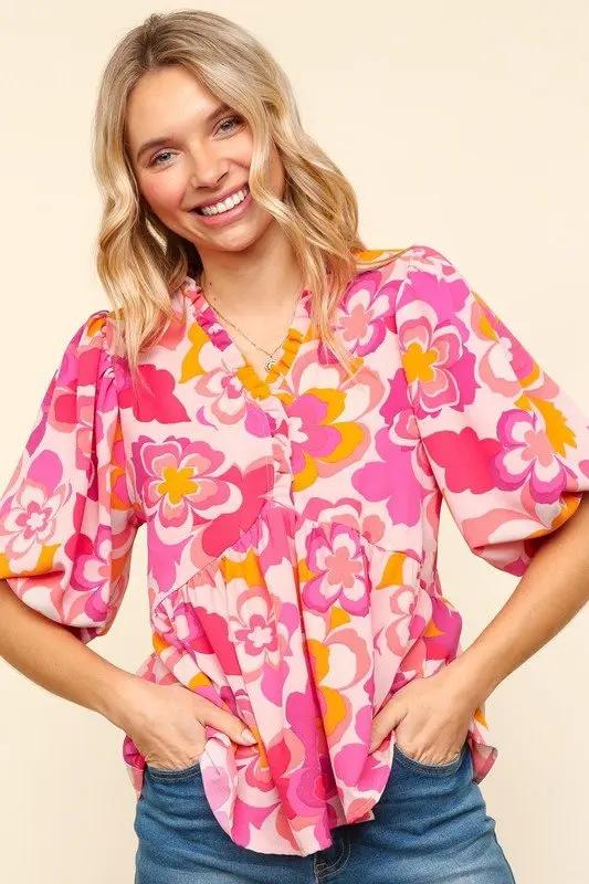 Accessories Trendsi Floral Puff Sleeve Blouse Women's Casual Top - Haptics Shirt, Frill Detail