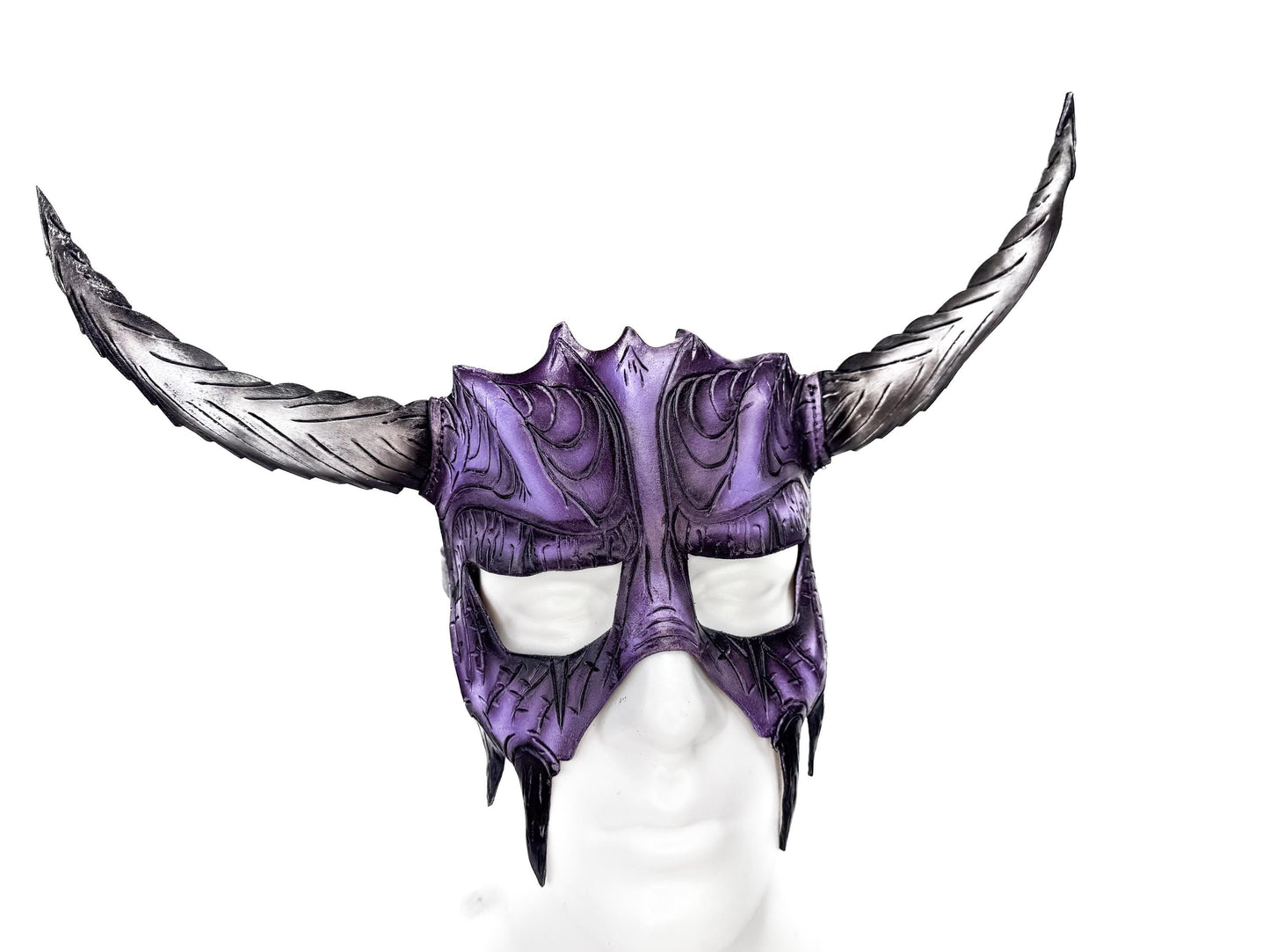 Handmade Genuine Leather Mask with Horns in Purple and White The Horned Beast