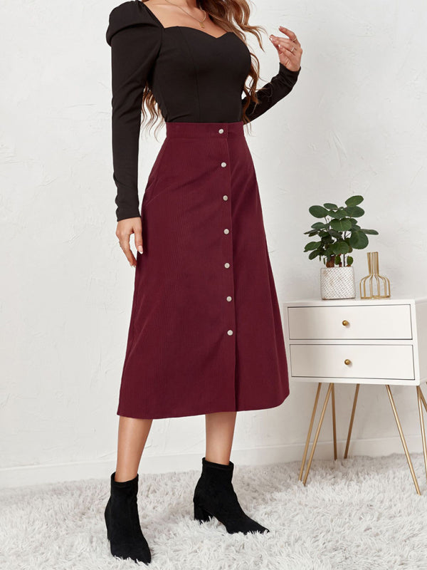 Corduroy Skirt Women Single Breasted High Waisted Mini