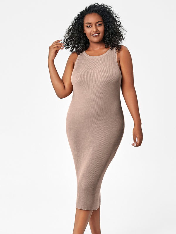 Modern fat mm round neck vest bottoming tight hip knit dress