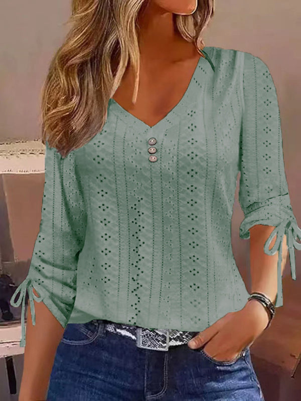 Modern Women's Modern Solid Color Jacquard Button Long Sleeve T-Shirt Top