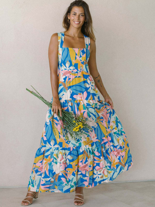 Blue and pink floral print bohemian holiday style beach dress loose suspender dress