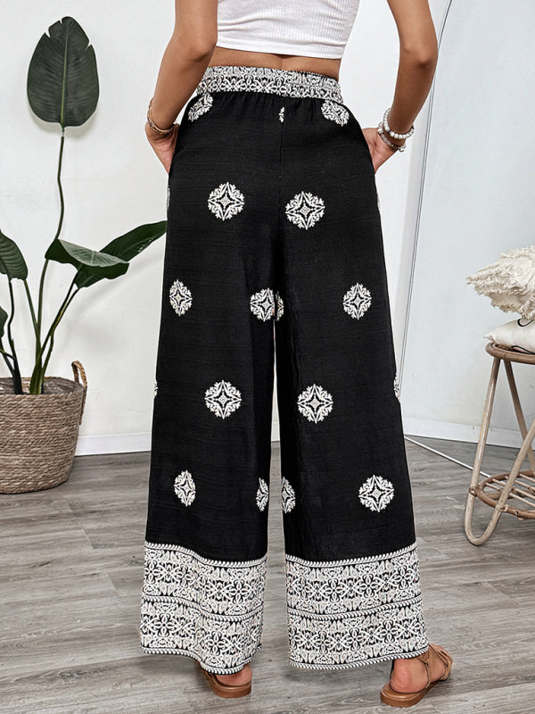 Ethnic style printed elastic waist drawstring casual comfortable straight pants