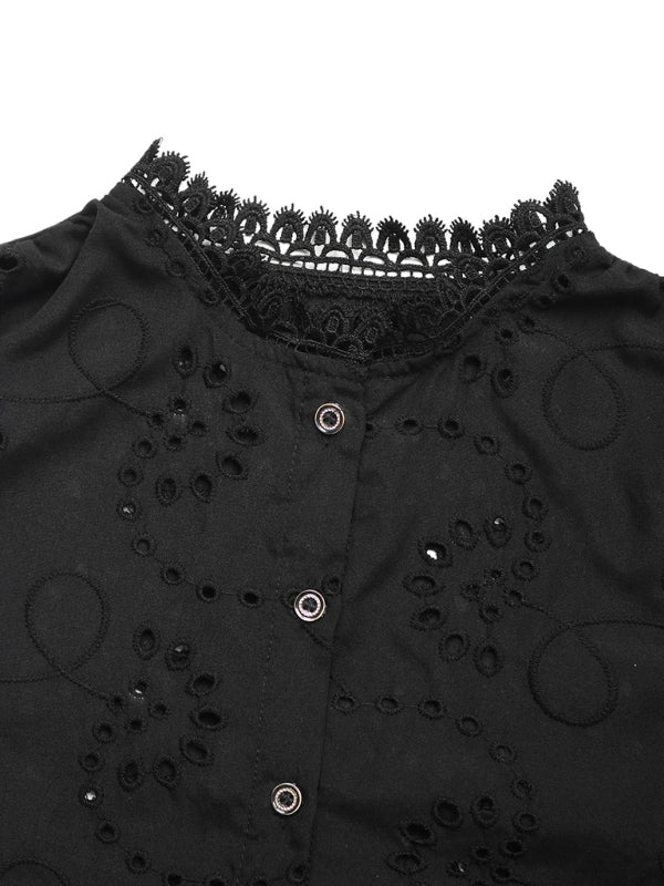Lace Patchwork Shirt - Long Sleeve Solid Color Top
