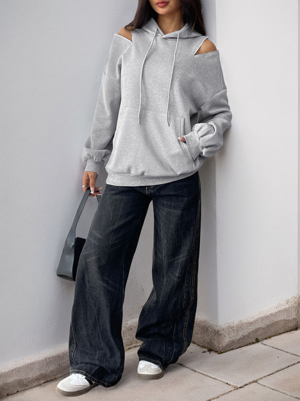Long Sleeve Off-Shoulder Hooded Pullover Sweatshirt
