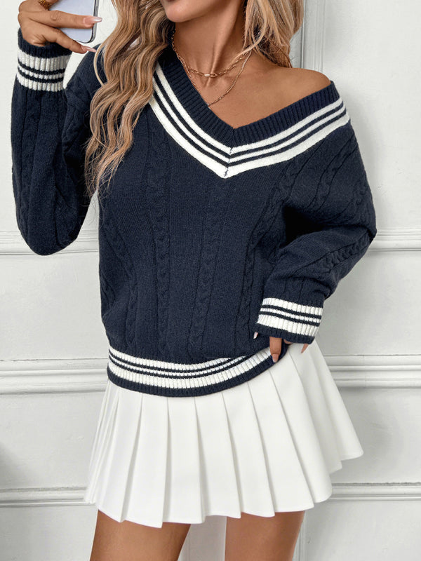 New V-neck cable knit sweater college style contrast color pullover sweater
