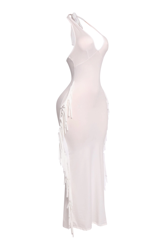 Vestido halter con flecos y detalles