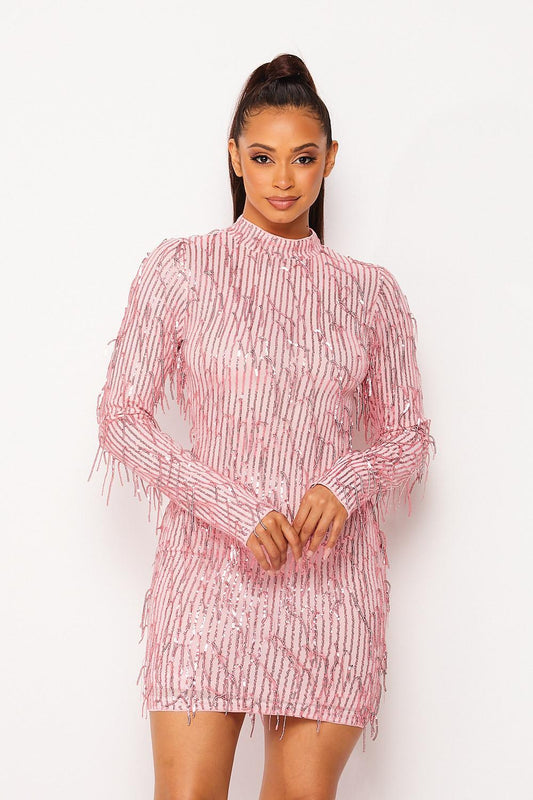 Vestido de lentejuelas iridiscentes a rayas de nailon