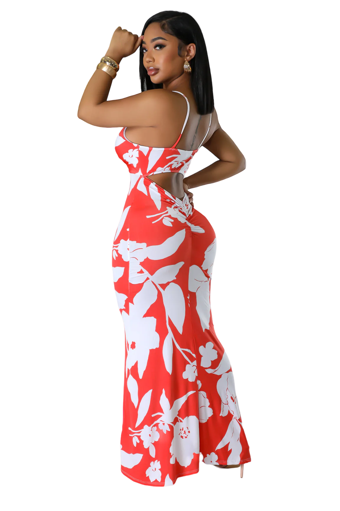Vestido largo tropical con cuello en V