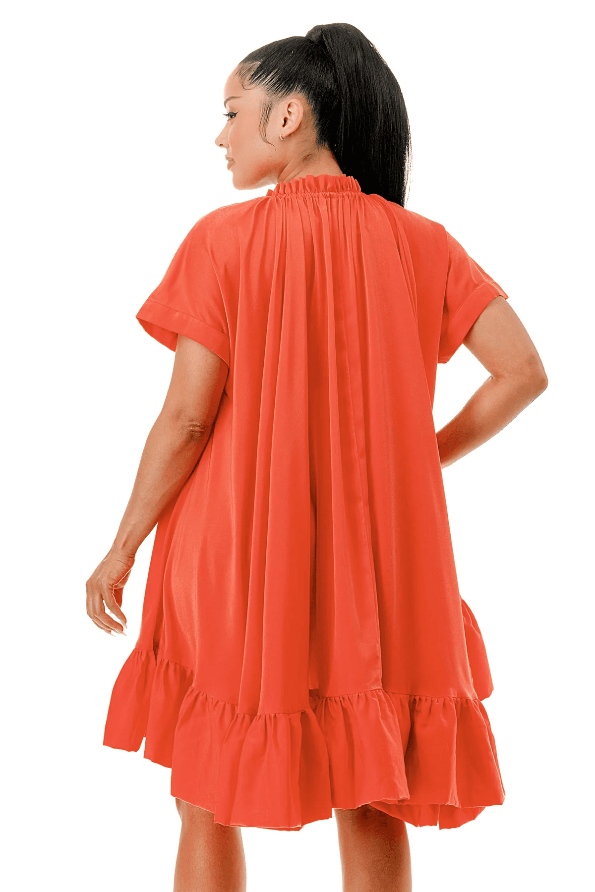 Minivestido con vuelo, volante, cinturón y estilo capa de manga corta