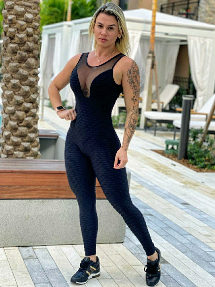 Scrunch Booty Cleavage Black Texture Wave Jumpsuit