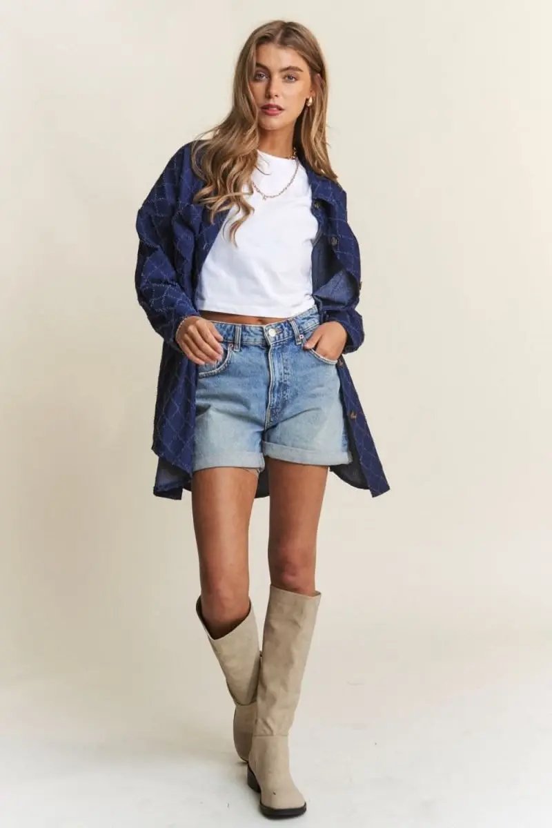 Women's Denim Shacket With Rhombus Stitch — Casual Layering Jacket