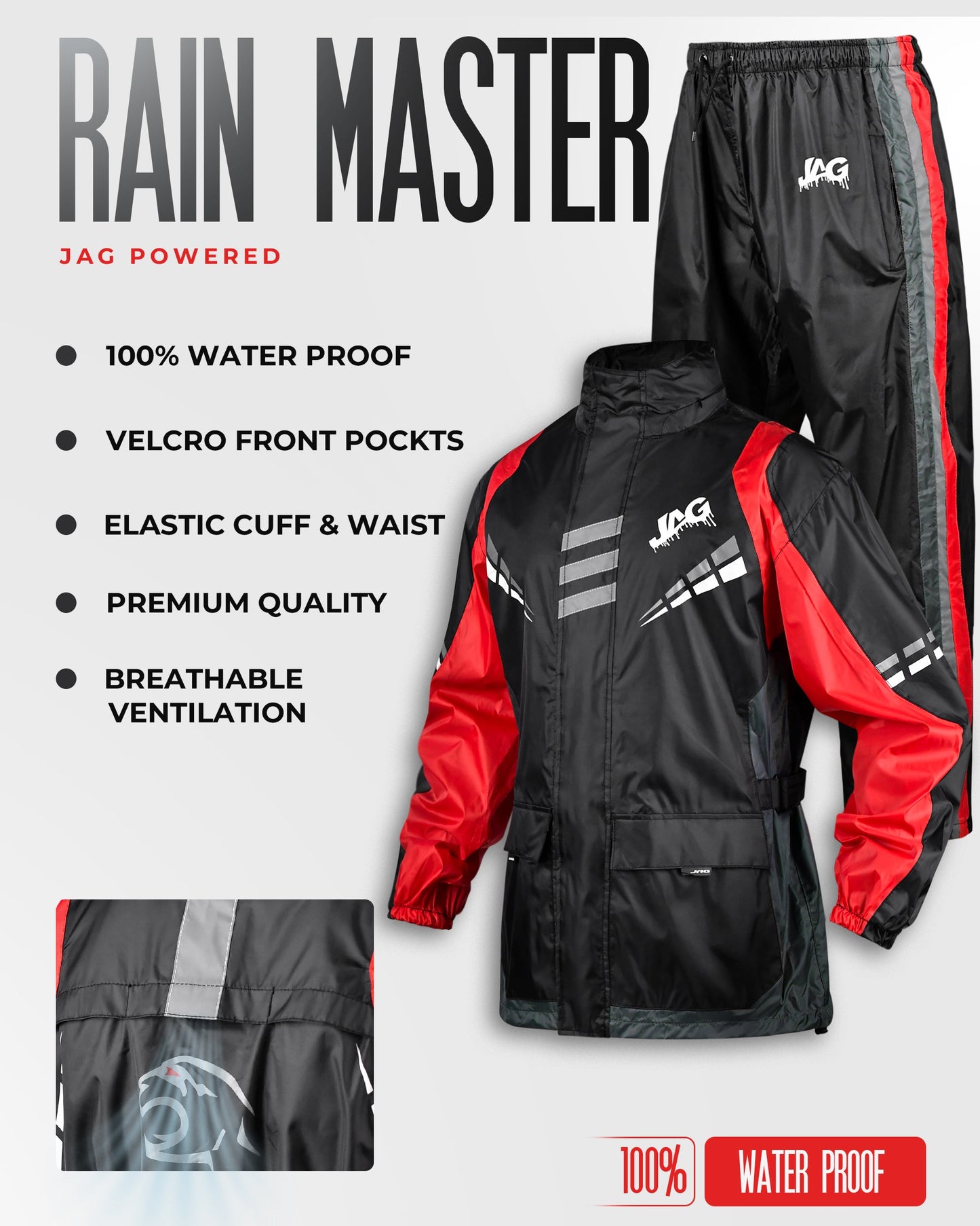 Traje de lluvia JAG Rainmaster para hombres y mujeres (Negro Rojo)