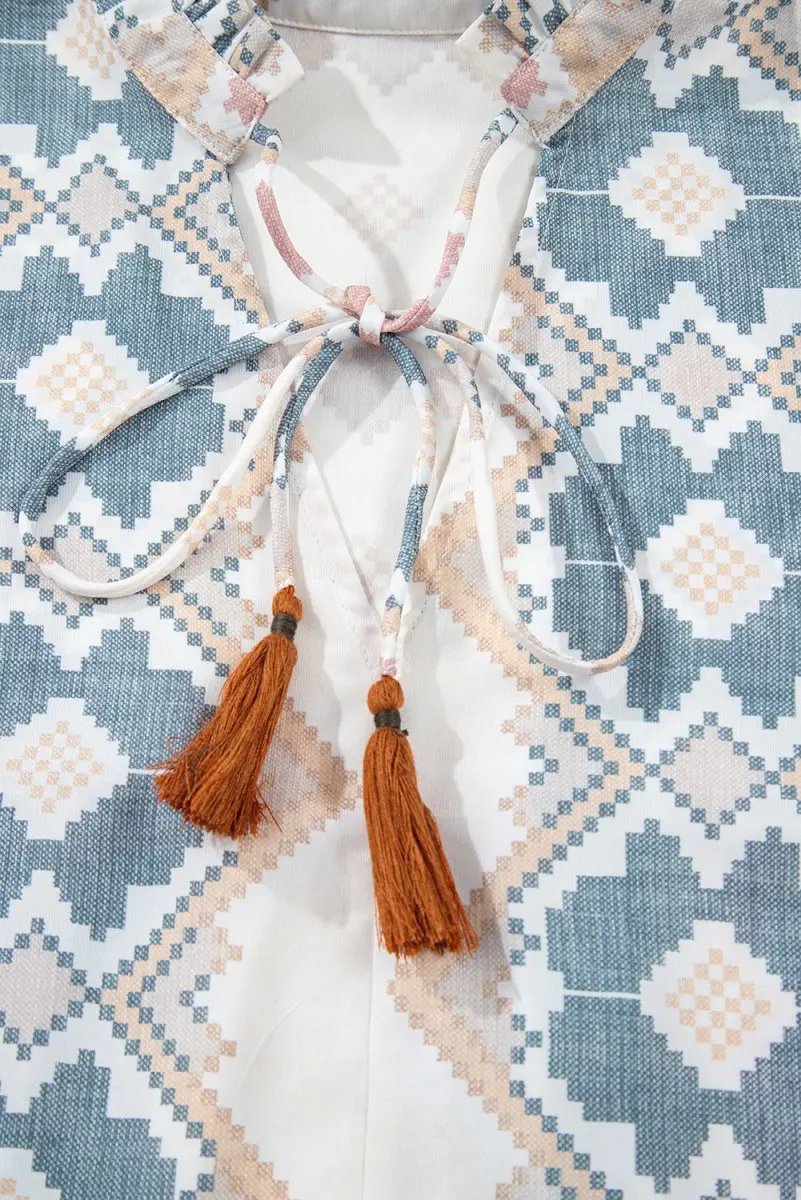 Women's Blouse - Tassel Tie Balloon Sleeve - Khaki Western Top