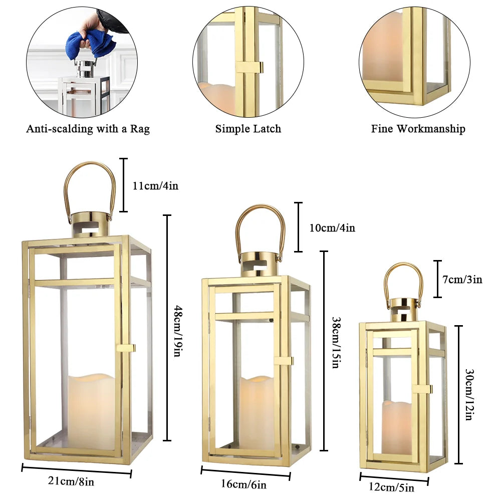 Set of 3 Stainless Steel Lantern (12/15/19'') -Gold