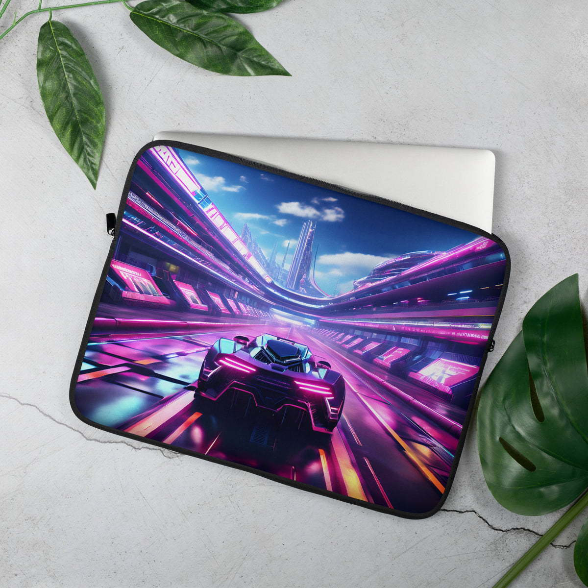 Neon Futuristic Race Car Laptop Sleeve