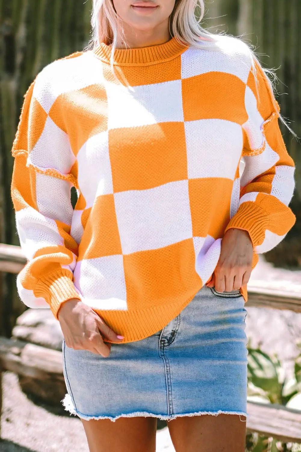 Sweaters Love Salve Orange Checkered Bishop Sleeve Sweater
