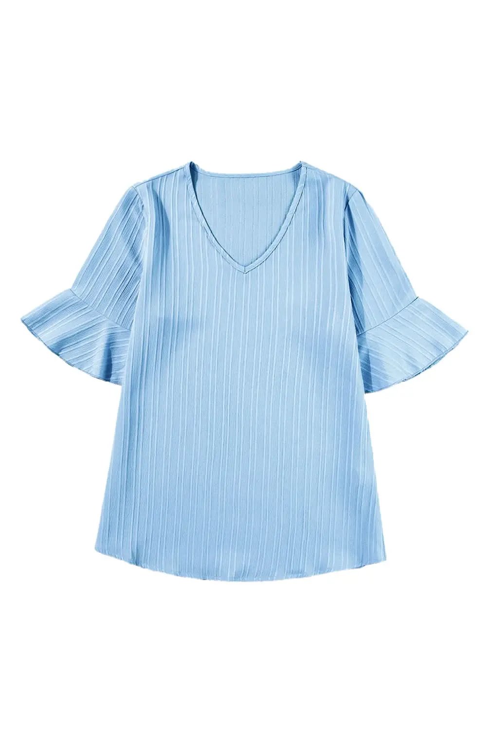 Pants Love Salve Beau Blue Ruffled Half Sleeve V Neck Textured Top