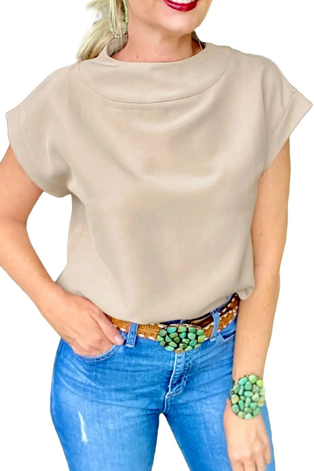 Love Salve Oatmeal Crew Neck Tee — Soft Viscose Blend Casual Top