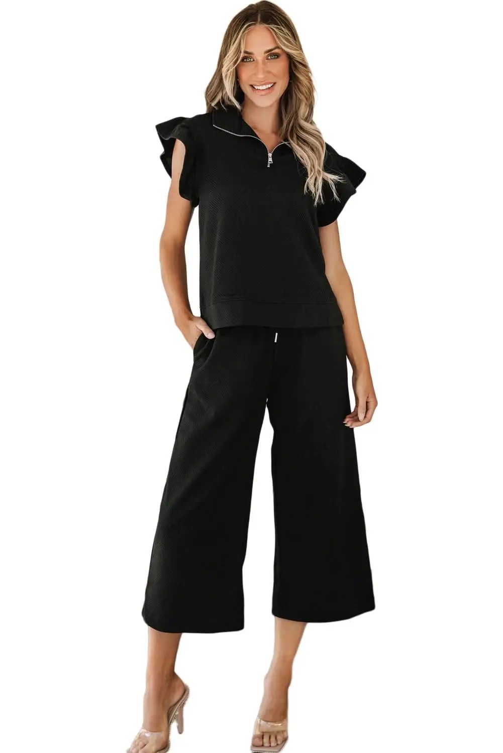 Pants Love Salve Black Set Women's Daily Wear Pant Set Ruffle Sleeve, Wide Leg