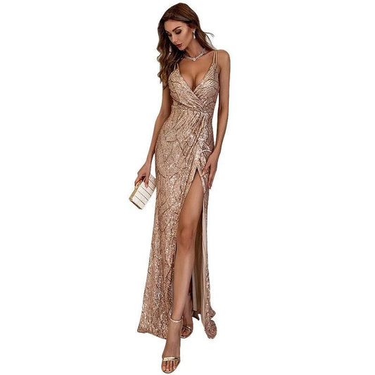 Women V Neck Dress Sequin Spaghetti Strap Maxi Party Dress