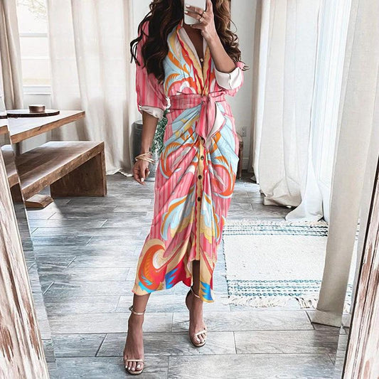 Mandotos European And American Print Long Sleeve Laceup Button Front Shirt Dress