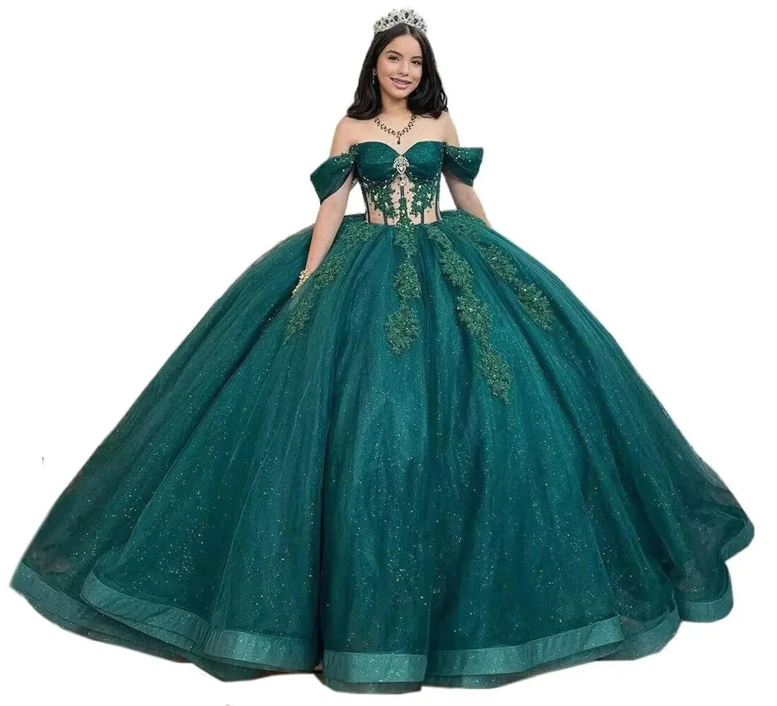 Glitz Sparkle Dark Green Quinceanera Gown