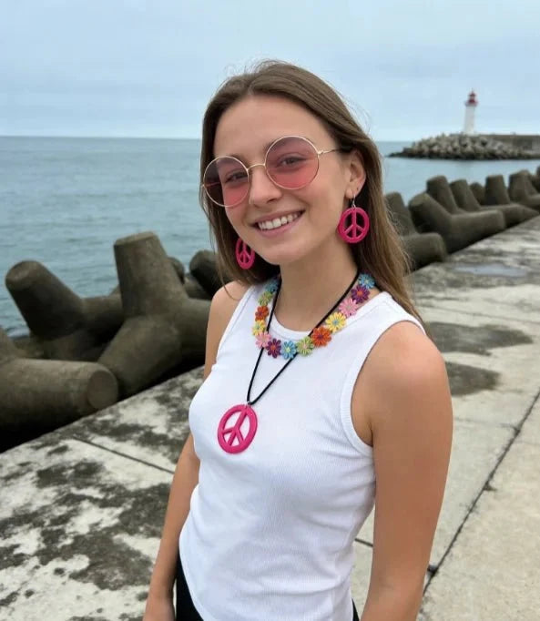 PESENAR 60s Hippie Costume Accessory Set with Flower Headband, Pink Sunglasses and Peace Sign Jewelry