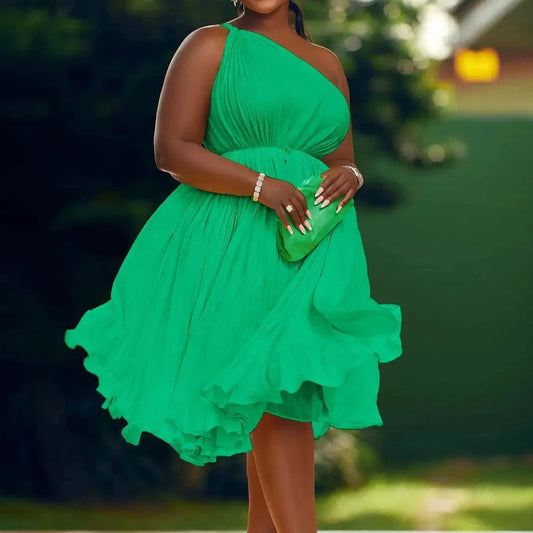Luxe Couture Ruffle Midi Dress with Flowing Pleats for Effortless Elegance
